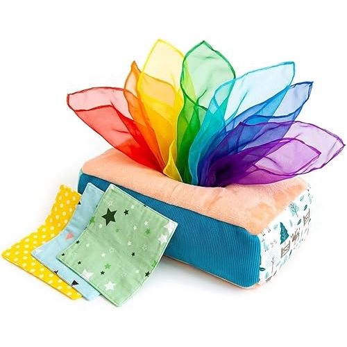 Baby Tissue Box Toy - Montessori Play for Infants and Toddlers - Sensory Textured Box with 12pcs Matching Colorful Scarves and 3pcs Crinkle Paper