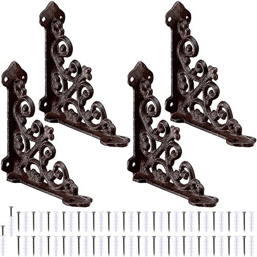 Blulu 4 Pack Antique Style Small Cast Iron Brackets Wall Mount Shelf 3 7/8" x 3 7/8" Decorative Wall Bookshelf Brackets Heavy Duty Victorian Style Shelf(Iron Gray)