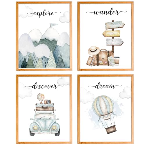 BearCake Nursery Travel Wall Art Set of 4, Watercolor Woodland Mountain Hot Air Balloon Car Wall Decor Poster Prints for Baby Toddler Boy Girl Room Nursery Playroom, 8x10 Inches
