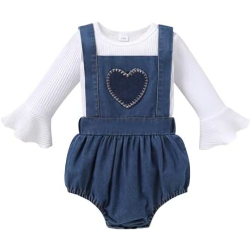 Tiny Cutey Newborn Baby Girl Clothes Bell Sleeve Romper and Corduroy Overalls Shorts Infant Girl Fall Outfits