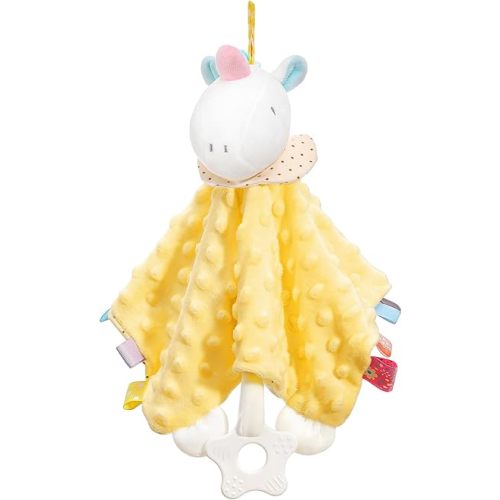 Loveys for Babies, Security Blanket Soft Stuffed Animal Lovey Unisex Lovie Baby Stuff Snuggle Blanket with Tags Teether Bells, Soothing Plush Toys Baby Gift for Newborn, Yellow Unicorn