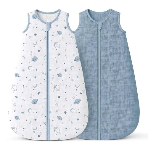 Konssy Muslin Baby Sleep Sack 6-12 Months 0.7 TOG, 2 Pack 100% Cotton Wearable Blanket for Babies, 2-Way Zipper Breathable Sleeping Sack Infant Toddler Essentials for Girls and Boys (Star, Blue)