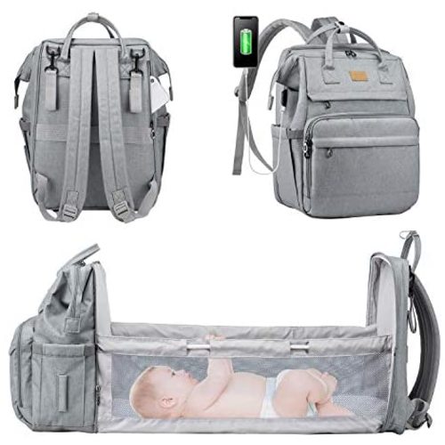 Diaper Bag Backpack with Baby Crib,Baby Bag with Changing Station,Mommy Bag Foldable Baby Bed Waterproof Travel Bassinet