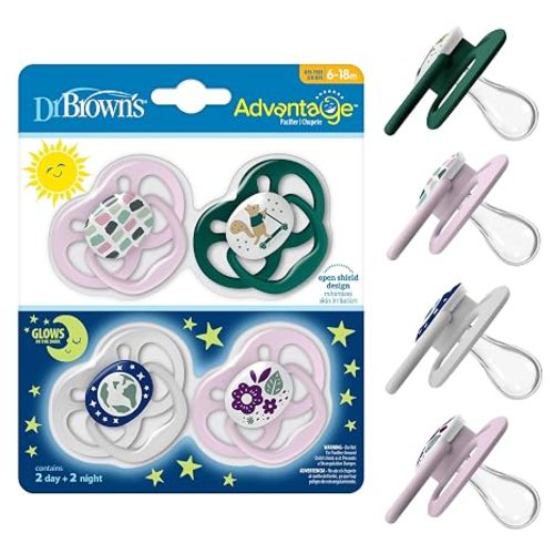 Dr. Brown's Advantage Glow-in-the-Dark Baby Pacifier, Fully Symmetrical Soother with Soft Silicone Bulb, Scooter Squirrel-Purple Nature, 6-18m, BPA Free, 4 Pack