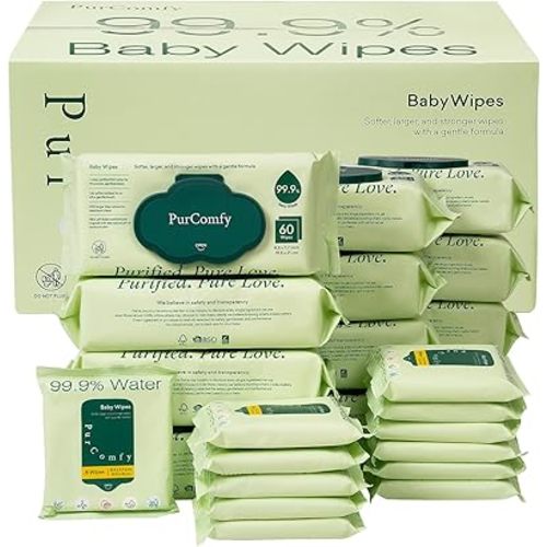 PurComfy Baby Wipes Unscented, 12 Flip-Top Packs + 12 Travel Pack Baby Wipes with Plant Based, Hypoallergenic for Sensitive Newborn Skin, Total 816 Count Wipes