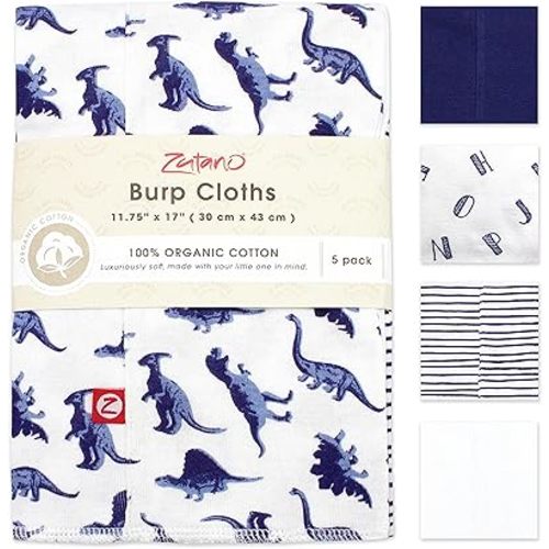 Zutano 5-Pack Organic Burp Cloths for Baby Girl & Boy, Large Cotton Burping Cloths for Babies | Absorbent Baby Spit-Up Rags | Gender Neutral Burp Clothes | Newborn Essentials, Dino Party