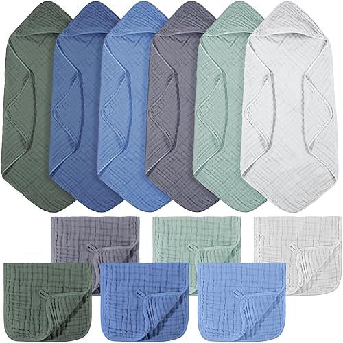 VitalCozy 12 Pcs Baby Muslin Hooded Bath Towels and Washcloths Muslin Cotton Hooded Baby Towels Absorbent Blankets for Gift Newborn Infant Shower (32 x 32 Inch,Cool Colors)