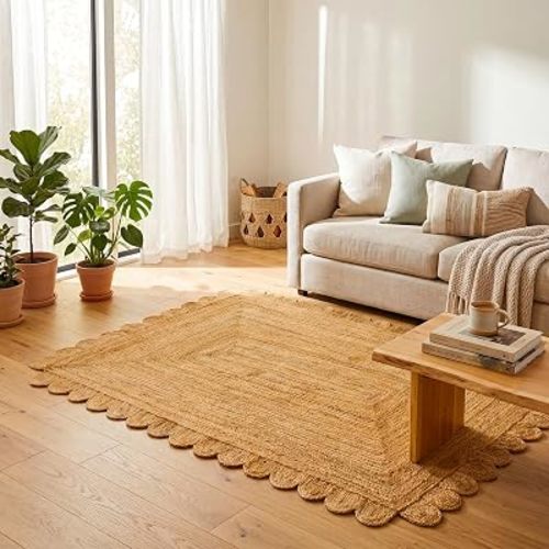 GRUHUM Scalloped Jute Area Rugs 6x9ft Rectangular Natural Fiber Handwoven Soft Braided Rustic Vintage EcoFriendly Rug- Farmhouse Indoor EcoFriendly Livingroom Bedroom Kitchen Hallways 6'x9' Ft