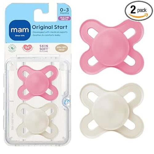 MAM Original Start Matte Baby Pacifiers 0-3 Months, BPA-Free Skin Soft Silicone Nipple, Developed with Medical Experts Specially for Smaller Newborn Mouths, Easy to Clean, 2 Pk with Sterilizer Case