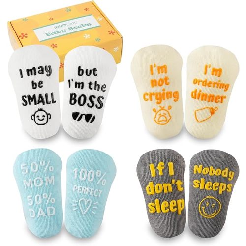 InnoBeta Baby Socks Set with Funny Quotes (4 Pairs) Newborn/Infant Socks for Baby Shower, Gender Reveal 3-12 Months