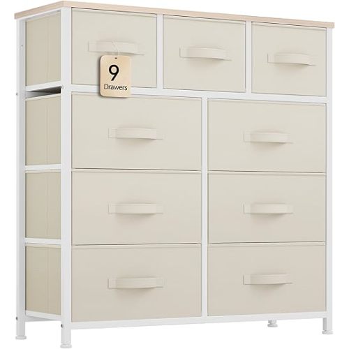 YITAHOME Dresser with 9 Drawers - Fabric Storage Tower, Tall Chest Organizer Unit for Living Room, Entryway with Sturdy Steel Frame, Wooden Top, Cream