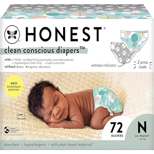 The Honest Company Clean Conscious Diapers for Sensitive Skin | Hypoallergenic, Fragrance Free | Gender Neutral Prints | Club Box, Size Newborn, 72 Count
