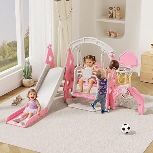 YUFU 6-in-1 Kids Slide and Swing Set, Toddler Slide Playset with Basketball Hoop, Swing, Soccer Goal, Indoor Outdoor Playground for Toddlers Age 1-3 (Pink)
