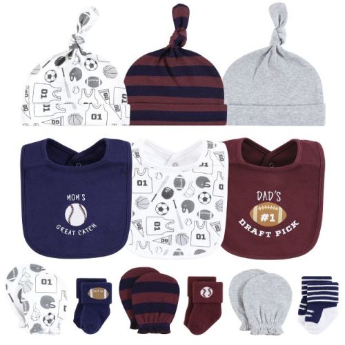 Hudson Baby Infant Boy Caps or Headbands, Bibs, Mittens and Socks 12pc Set, Sports, 0-6 Months