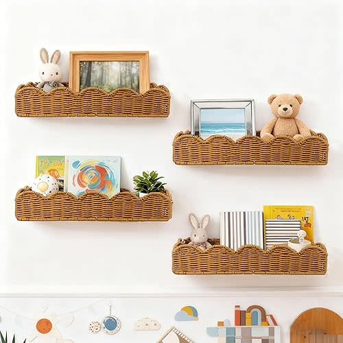 Nursery Book Shelves Set of 4 - Artisanal Natural Rattan Scalloped Book Shelf for Kids Rooms 15.8" W, Cute Wicker Nursery Bookshelf Wall Mounted, Handwoven Floating Kids Bookshelf, Baby Boho Decor