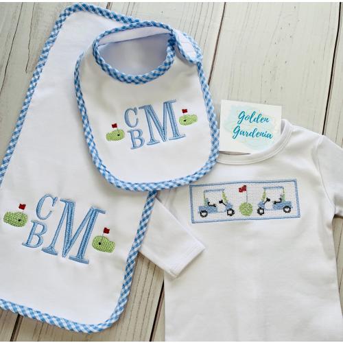 Personalized Baby Boy Golf Set - Gown, Bib, & Burpcloth