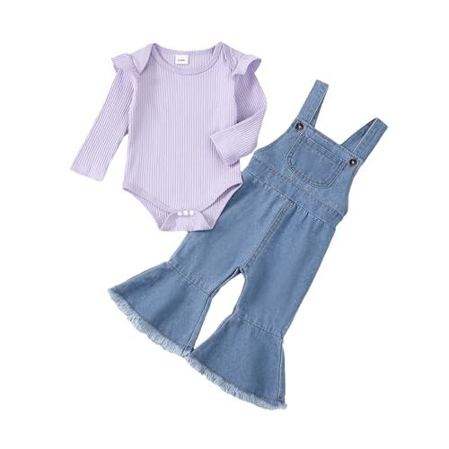 SUNNY PIGGY Newborn Baby Girl Clothes Ruffle Long Sleeve Ribbed Romper Flare Pants Jumpsuit Infant 2pcs Outfits
