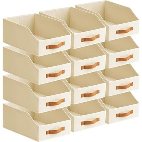 Homsorout Fabric Storage Bins for Organizing - 12 Pack Large Trapezoid Collapsible Storage Bins with Front Handle, Closet Organizers and Storage for Bedroom, Home Shelves, Small Spaces, Beige