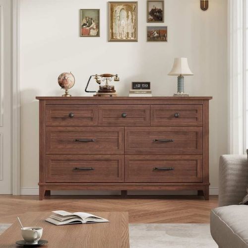 Coolmee 7 Drawers Dresser for Bedroom, Wood Rustic Chest of Drawers with Natural Texture, Storage Dressers Organizer for Bedroom, Living Room