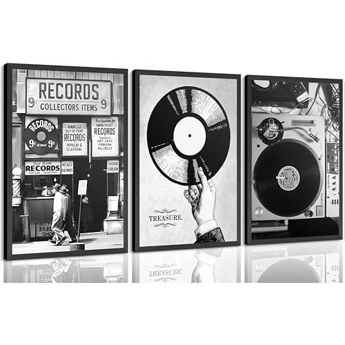 3Pcs Retro Music Poster Wall Art Fashion Black And White Photography Preppy Vinyl Record Store Painting Picture Wall Decor Bar Rock Music Lovers Print Artwork for Recording Studio Club Home Decoration