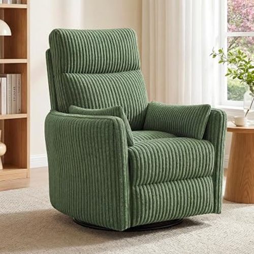 LINSY 220° Swivel Electric Power Recliner Chair, Corduroy Nursing Rocker with USB & Type-C, High Back Adult Comfort Chair with 2 Pillows, Space-Saving for Nursery, Bedroom, Living Room, Green