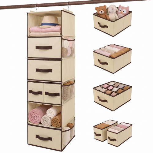 GRANNY SAYS Hanging Closet Organizer and Storage with Drawers, 6-Shelf Foldable Hanging Storage Shelves, Beige