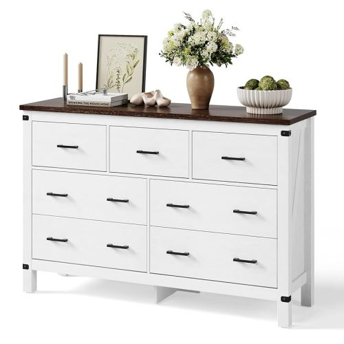 LINSY HOME Farmhouse Dresser for Bedroom with 7 Drawers, 53” Wide Rustic Wood Chest with Deep Drawer, Modern Dressers with Storage and Metal Handles for Closet, Living Room, Hallway, Off White