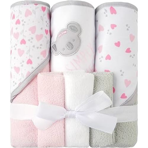 Viviland Baby Towels and Baby Wash Cloths Set Hooded Baby Towels Baby Wipes Absorbent Bath Face Towels Burp Cloths or Face Towels for Girl Boy 6-Pack Size 28 x 28 Inch(Pink Koala)