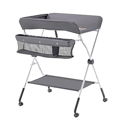 VEVOR Baby Changing Table, Foldable Diaper Change Station with Side Basket, Adjustable Height Changing Table with Lockable Wheels, Multi-Functional Nursery Storage Organizer, Dark Gray
