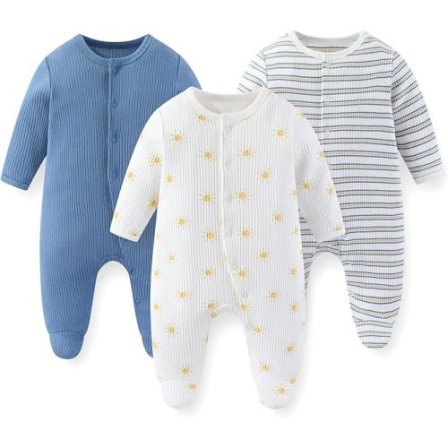 Unisex Baby Boy Girl Footies Rompers Cotton Long Sleeve 3 Pack Infant Jumpsuits 0-12Months Babies' Outfits