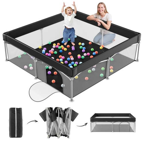 babyeap Foldable Baby Playpen,Playpens for Babies and Toddlers with Storage Bag,Indoor & Outdoor Baby Fence Play Pen Area,Black