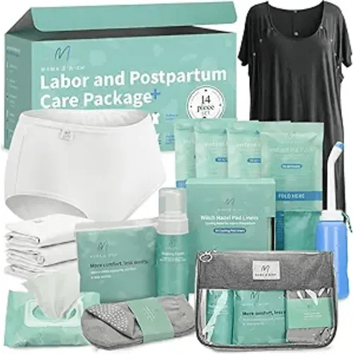 Mama & Wish Postpartum Essentials Kit (14-Piece) - Includes Hospital Post Partum Essentials for Women After Birth, Labor and Delivery Gown, Peri Bottle, Witch Hazel Foam, Pad Liners & More