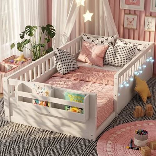 Twin Toddler Floor Bed with High Rails, Wooden Montessori Bed Frame with Light and Storage Shelf, Twin Size Bed Frame for Kids, Boys and Girls, White