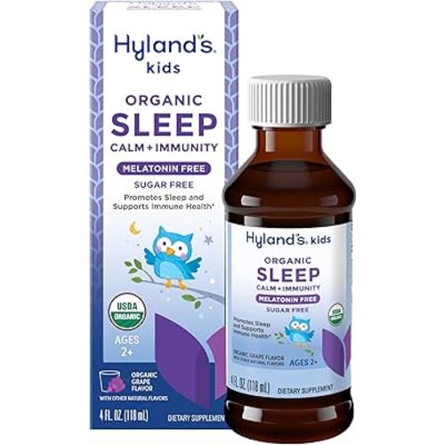 Hyland's Kids Melatonin-Free Organic Sleep Calm & Immunity Liquid, Sugar-Free with Magnesium, Vitamin D, Zinc & Elderberry, Promotes Sleep & Supports Immune Health, Ages 2+, Grape Flavor, 4 Fl. Oz.