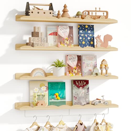 Fixwal Nursery Shelves, 24 Inch Floating Bookshelves for Wall Set of 4, Scalloped Wall Book Shelves with Towel Rack for Kids, Toddler Room, Baby Room, Nursery Decor and Storage(Natural Wood)