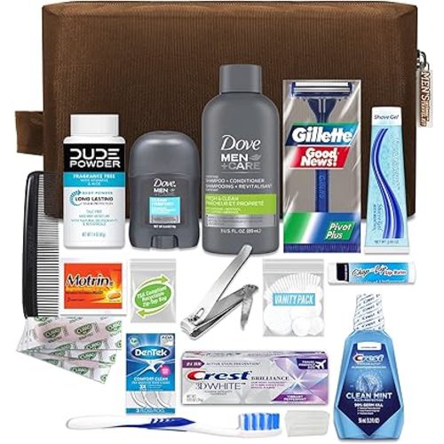 Convenience Kits International Men’s Premium 20-Piece Kit with Travel Size TSA Compliant Essentials, Featuring: Dove Men & Care Products in Brown Dopp Bag