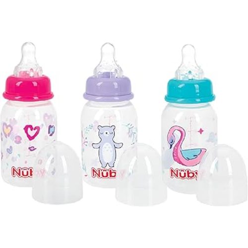 Nuby Printed 4 Ounce Non-Drip Bottle, 3 Pack - Pink, Purple, Aqua
