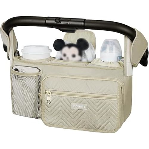 Universal Stroller Organizer with Insulated Cup Holders,Large Capacity Non-Slip Stroller Caddy Bag Fits for Uppababy/Doona/Jogger/Britax/Mompush/BoB with Anti-Sag Hard Bottom and Wet Wipes Pocket