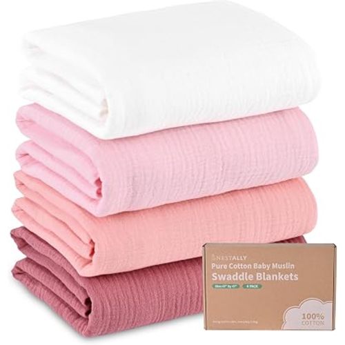 NESTALLY Cocoon Muslin Swaddle Blankets 4 Pack, Pink & White
