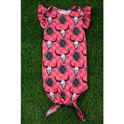 Baby Girls Pink Aztec Cow Skull Western Rodeo Baby Knotted Gown
