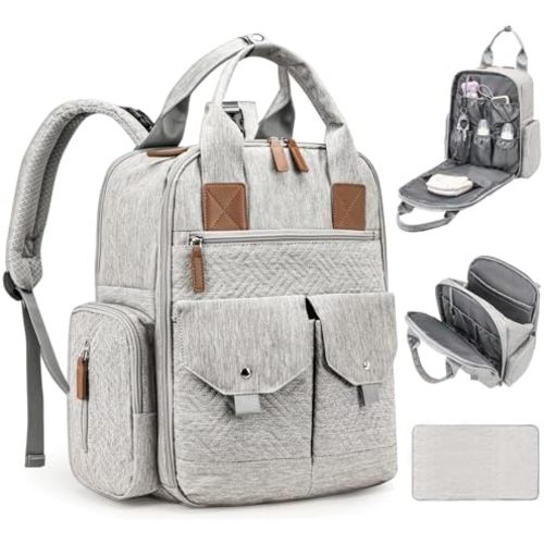 Diaper Bag Backpack - Large Diaper Bag with Portable Changing Pad as Baby Shower Gifts, Lightweight Waterproof Unisex Travel Baby Bag with 4 Insulated Pockets and Stroller Buckles, Light Grey