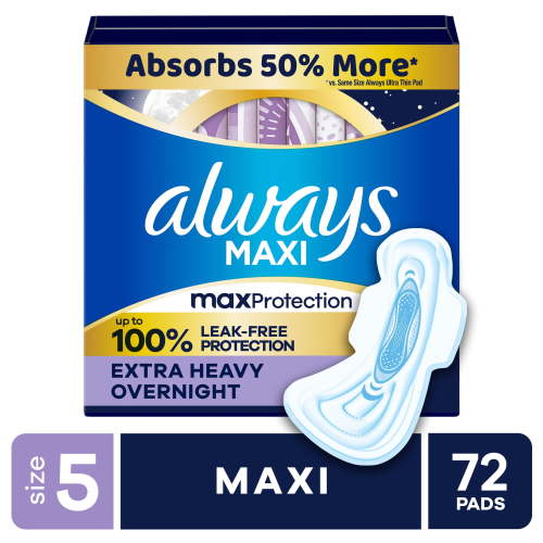 Always Maxi Pads for Women, Extra Heavy Overnight Pad with Wings, Size 5, Unscented, 72 Count