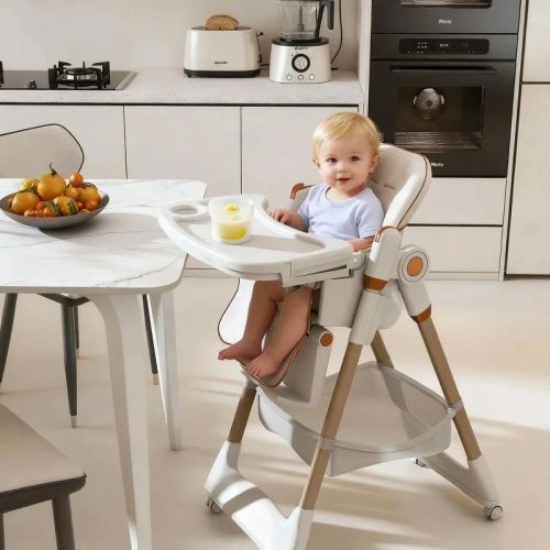 Angel Sar Adjustable Baby High Chair 0-6 Years, Portable Infant Feeding Seat with Safety Belt & Wheels for Home Use, White