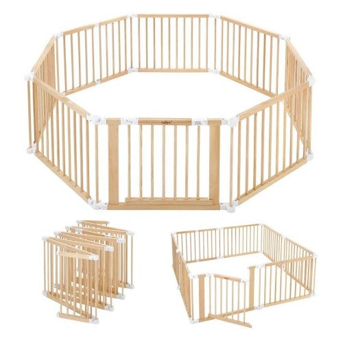 Kidbot Baby Playpen Gate 8 Panel Kids Pet Dog Wooden Safety Fence Activity Centre Play Yard Pen Foldable Travel Guard