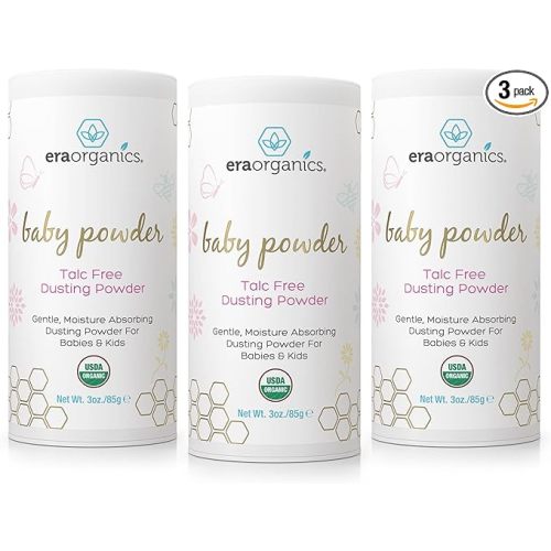 Era Organics Talc-Free Organic Baby Powder - USDA Organic Dusting Powder with Arrowroot, Calendula and Cornstarch for Newborns, Babies or Toddlers - Soothing, Fragrance Free (3oz/85g) - 3 Pack