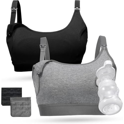 Momcozy Pumping Bra Hands Free, Pumping and Nursing Bra in One Holding Breast Pump for Spectra, Lansinoh, Medela, Black,grey-2pk, XX-Large