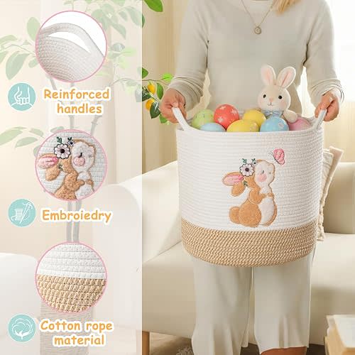 INough Large Blanket Baskets for Living Room, Bunny Baskets Toy Storage Basket Woven Cotton Rope Basket for Kids, Toys Organizer Clothes Hamper with Embroidery, Laundry Hamper Nursery Decor ( Large )