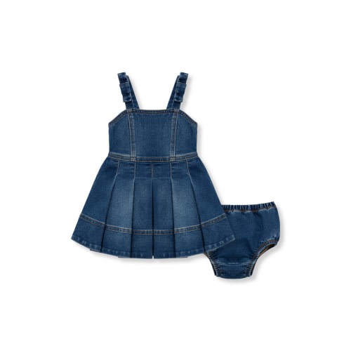 Pleated Bow Strap Cotton Blend Denim Dress with Bloomers, 12M