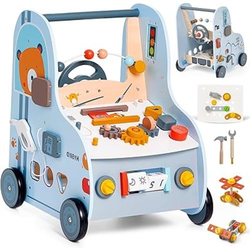 Giant bean 11-in-1 Wooden Baby Walker with Activity Center, Car Theme Montessori Walking Toy with Steering Wheel Tool Bench, Push Walker Speed Adjustable, Learning to Walk Gift for Toddler 1-6