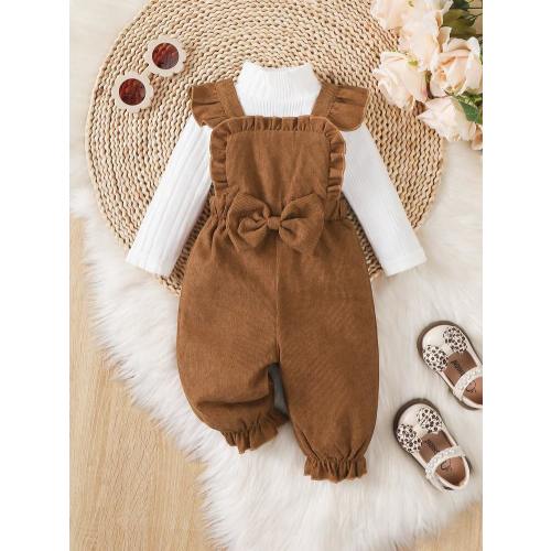 BrownBark 2pcs Baby Girls Solid Color Outfit, Turtleneck Long Sleeve Top + Butterfly Strap Overalls Set, Suitable For Outdoor, School Seasons, Perfect Outdoor Gift | SHEIN USA